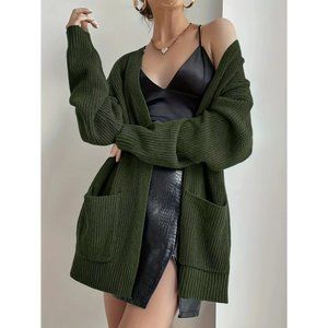 Solid Open Front Pocket Casual Mid Length Cardigan size M